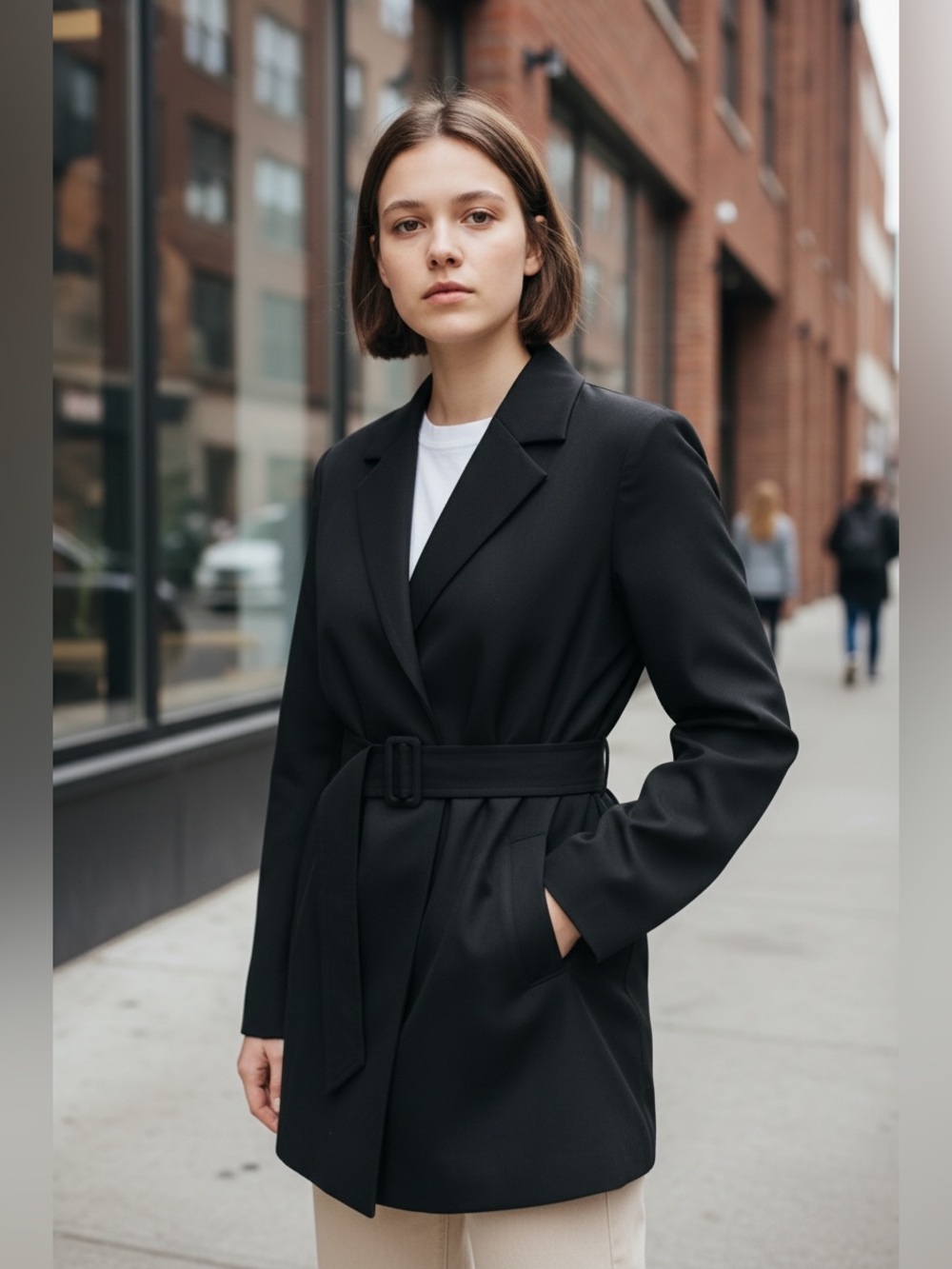 PAIGE blazer, black, size Large, belted, satin, one button,